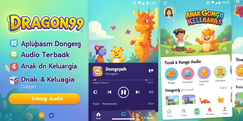 Antarmuka aplikasi DRAGON99 yang ramah anak untuk mendengarkan dongeng audio.